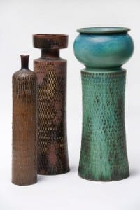 Studio Vases by Stig Lindberg Gustavsberg, Sweden, ca. 1955 Glazed Porcelain, embossed patterns Left to right: 18.5” H, 2” H, 22” H/Hostler Burrows 