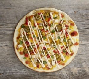 Spicy Southwest: White Crust, olive oil, red enchilada sauce, mozzarella, cheddar, roasted red peppers, jalapenos, cilantro, all natural chicken, topped with optional red sour cream
